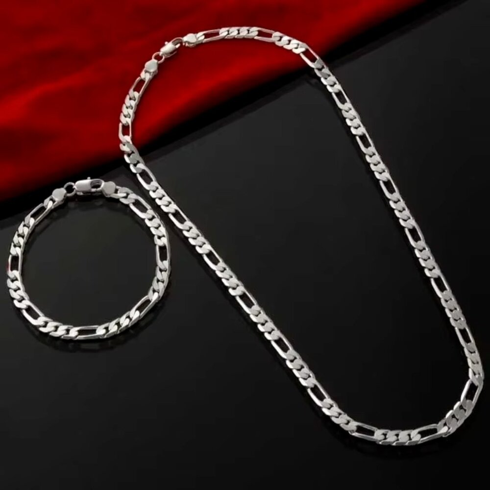 unisex 4mm wide figaro link chain necklace & bracelet set 925 sterling silver